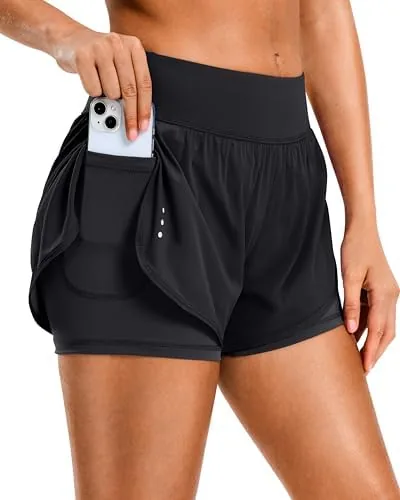 soothfeel womens 2 in 1 running shorts workout athletic gym yoga shorts for women with phone pockets black